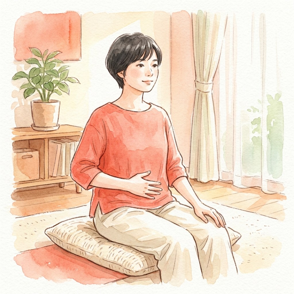 お腹に手を添えて軽くへこませる水彩イラスト