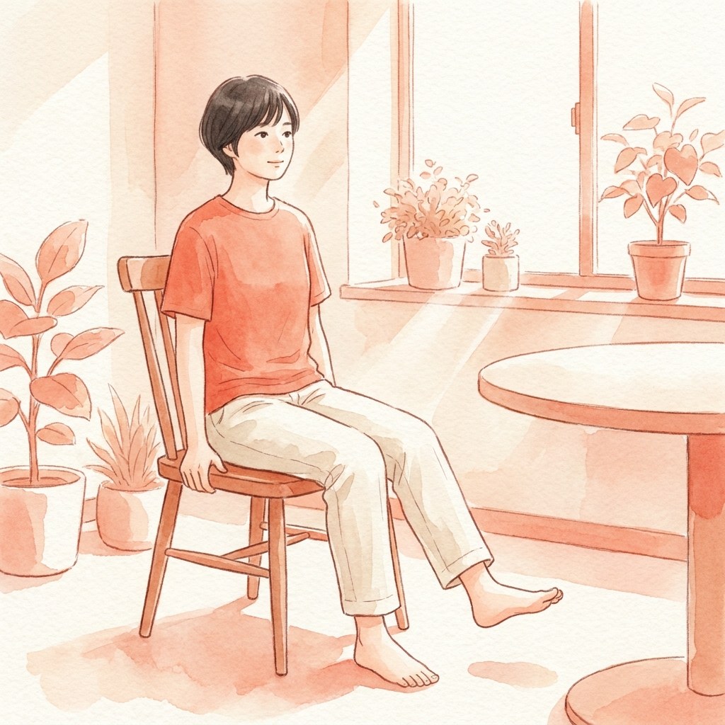 椅子に座り片足を床から浮かせる水彩イラスト