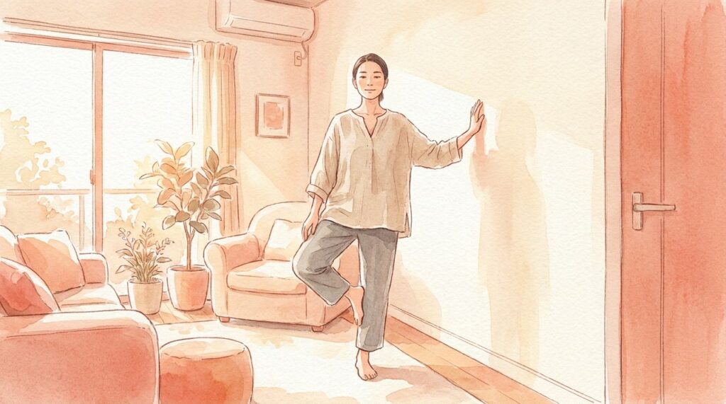 壁のそばで片脚立ちをする人の水彩イラスト