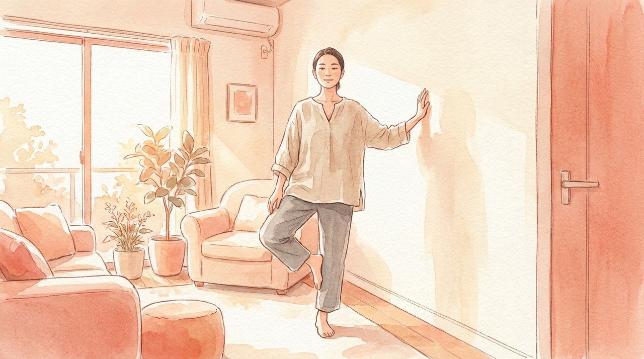 壁のそばで片脚立ちをする人の水彩イラスト