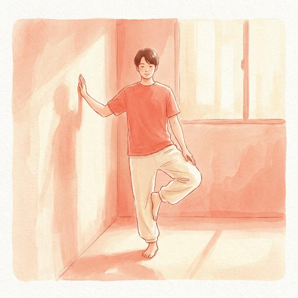 壁に手を添えて片脚立ちをする水彩イラスト