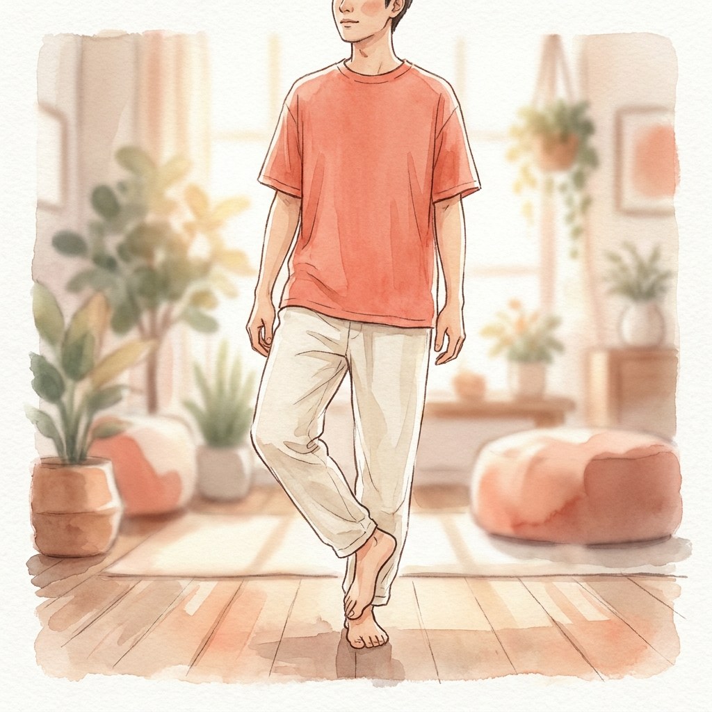 かかととつま先を一直線にして立つ水彩イラスト