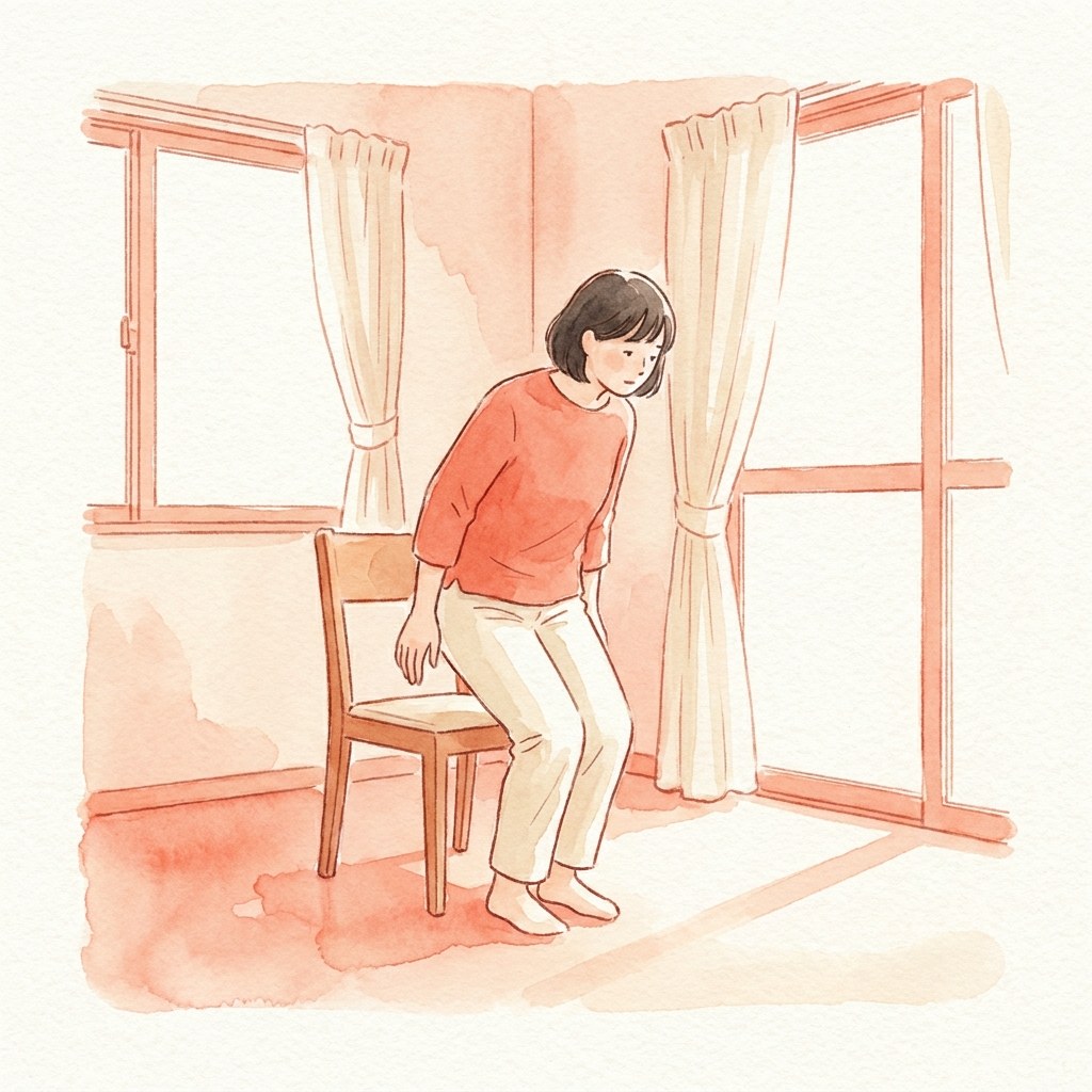 手を使わずゆっくり椅子から立ち上がる水彩イラスト