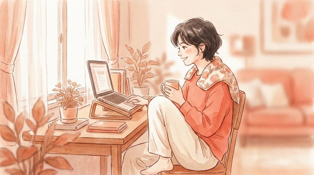 肩にホットパックを当てて作業する人の水彩イラスト