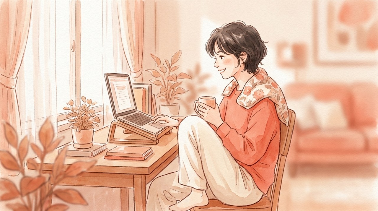 肩にホットパックを当てて作業する人の水彩イラスト