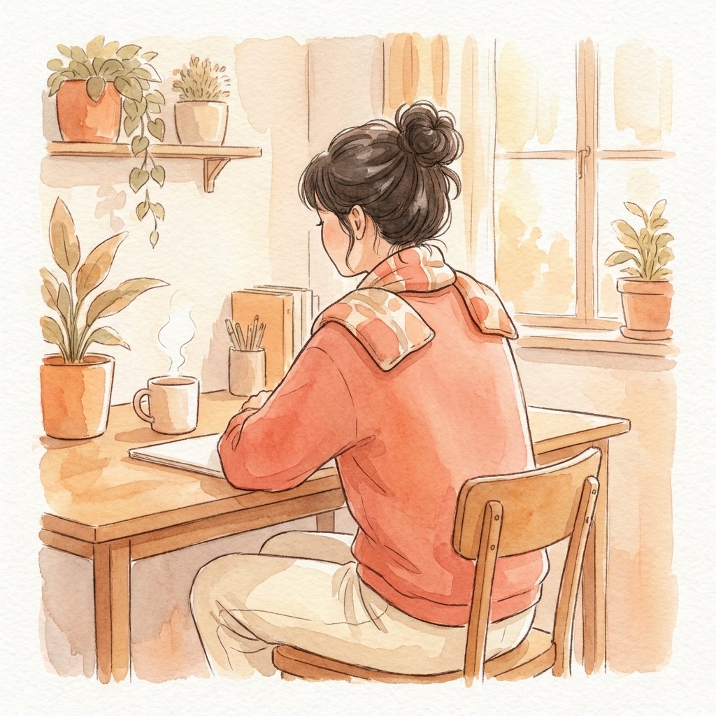 肩と首の後ろにホットパックを当てる水彩イラスト