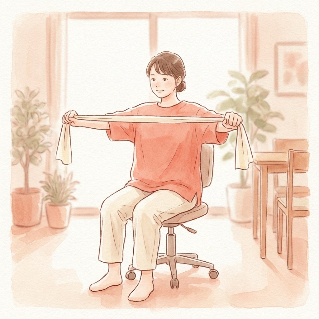 椅子に座りストレッチバンドを胸の前で引く水彩イラスト