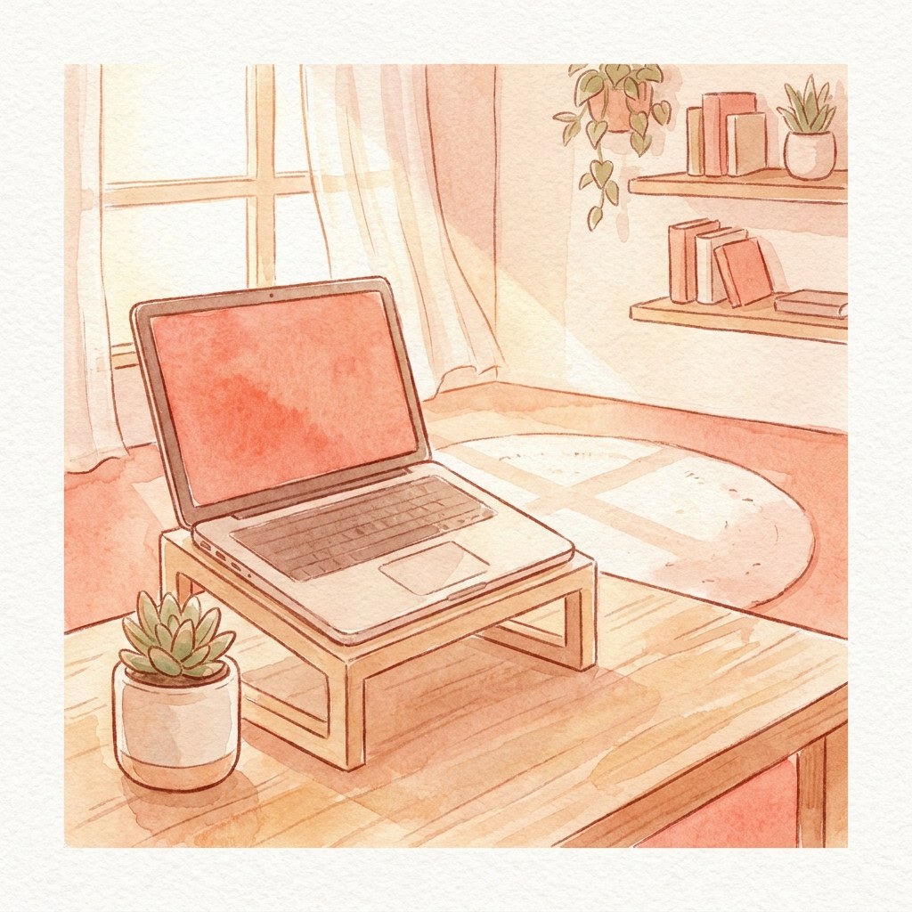 スタンドで目の高さに上げたノートPCの水彩イラスト