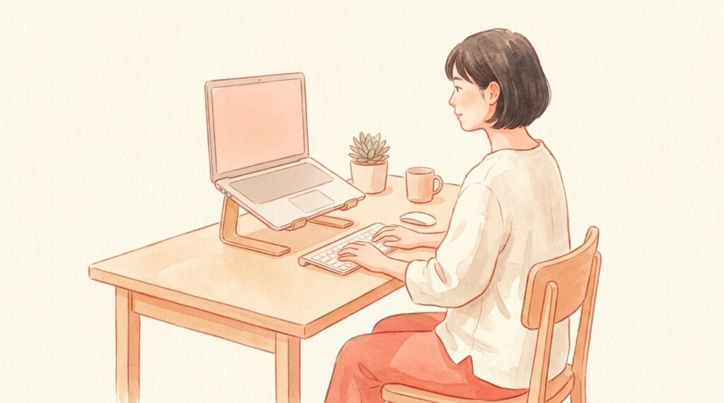 スタンドと外付けキーボードで姿勢よく作業する人の水彩イラスト
