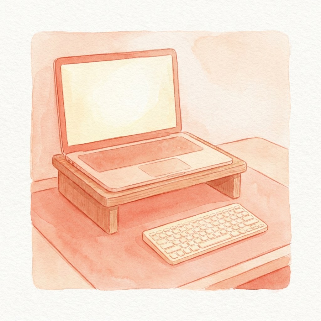 スタンドに乗せたノートPCと外付けキーボードの水彩イラスト
