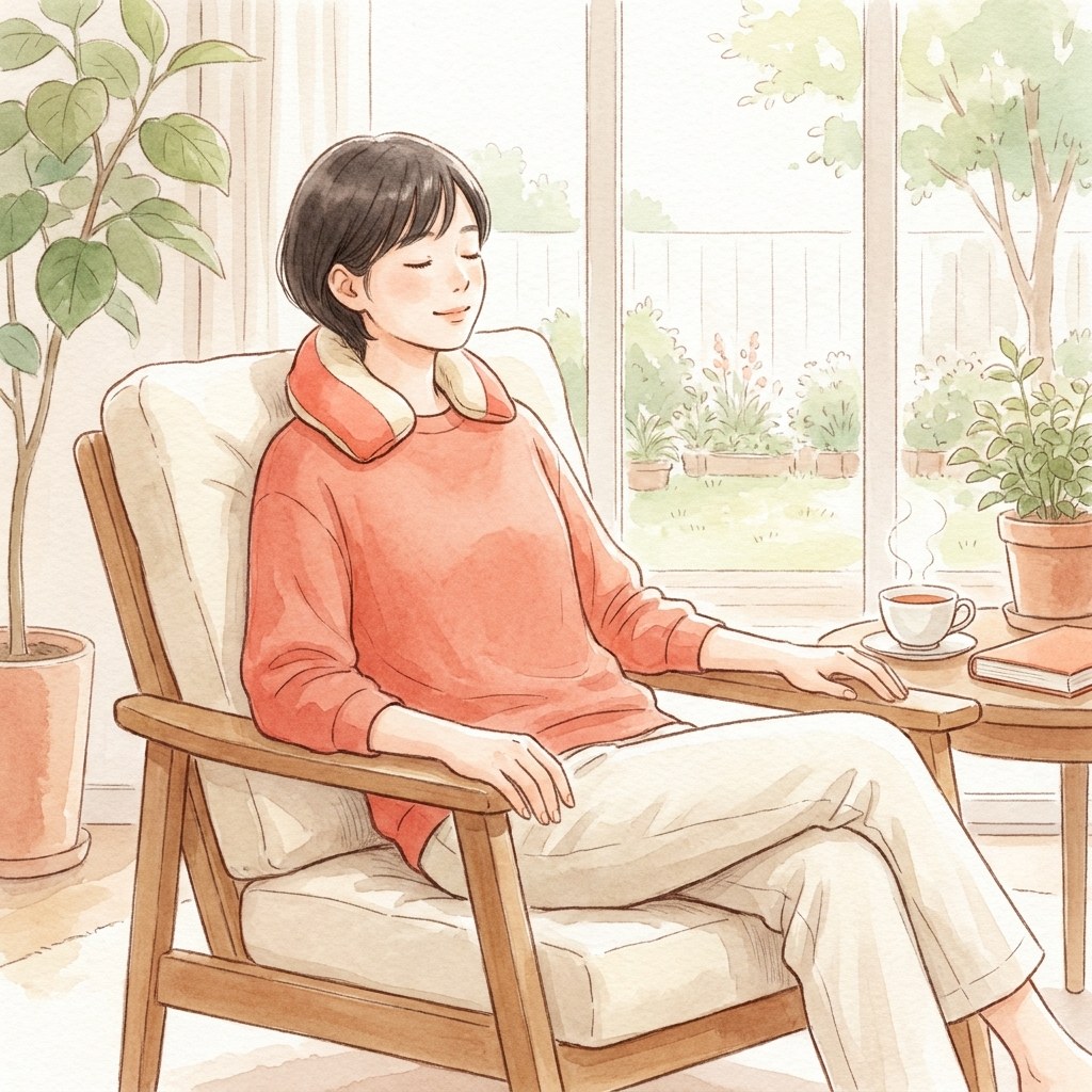 首の後ろにホットパックを巻いて休む人の水彩イラスト