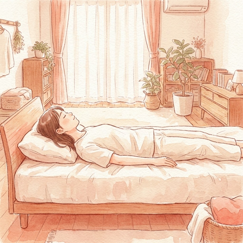 首が一直線になる枕で寝る人の横向き水彩イラスト