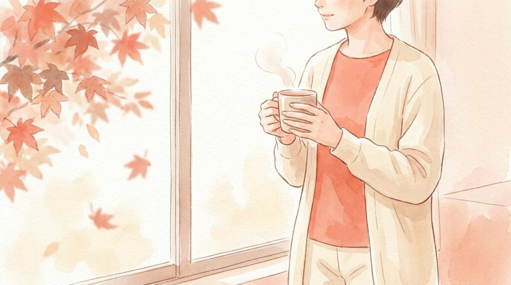 カーディガンを羽織り温かい飲み物を持つ人の水彩イラスト