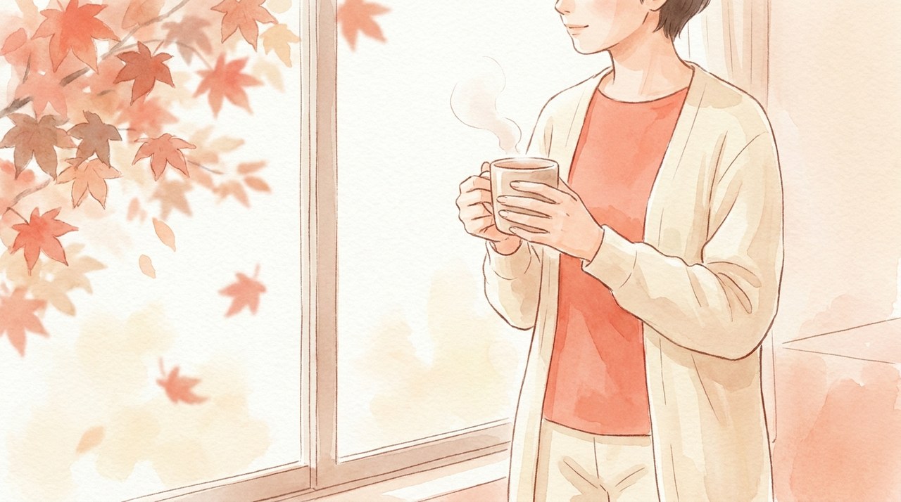 カーディガンを羽織り温かい飲み物を持つ人の水彩イラスト