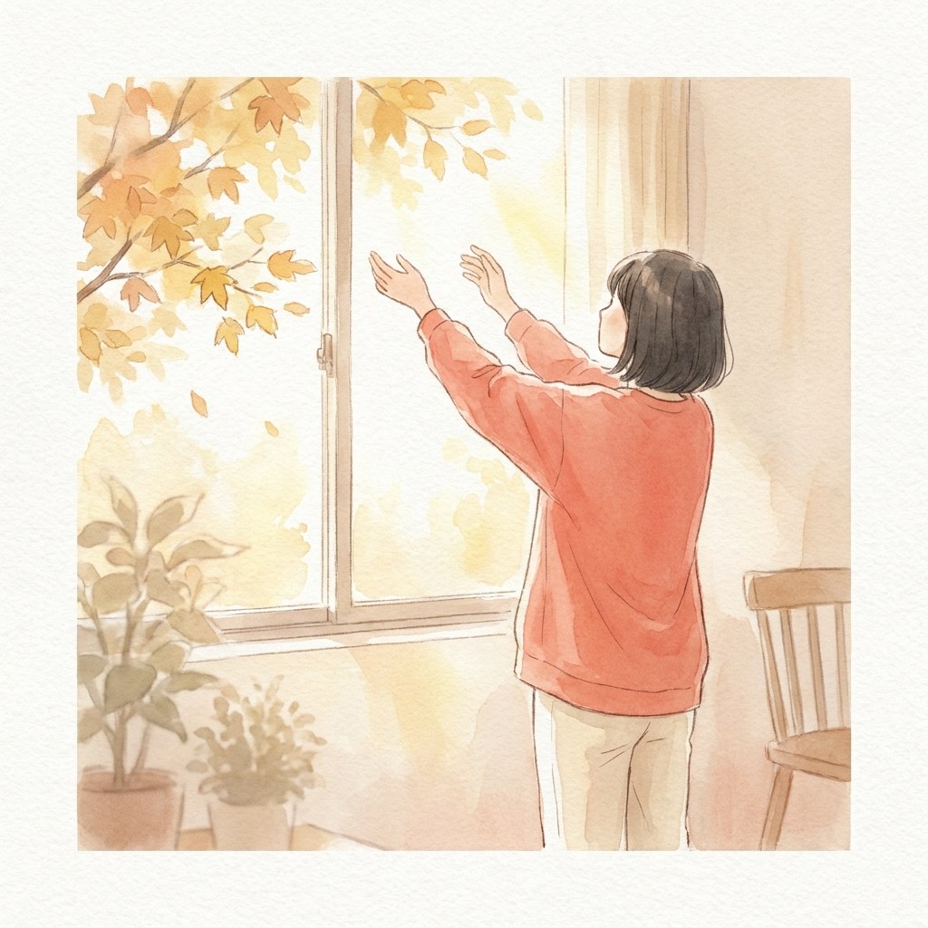 朝の窓辺で腕を上げて伸びをする水彩イラスト