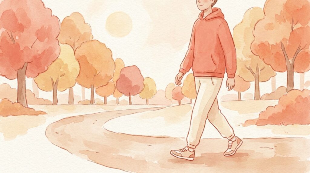 秋の公園で歩き始める人の水彩イラスト