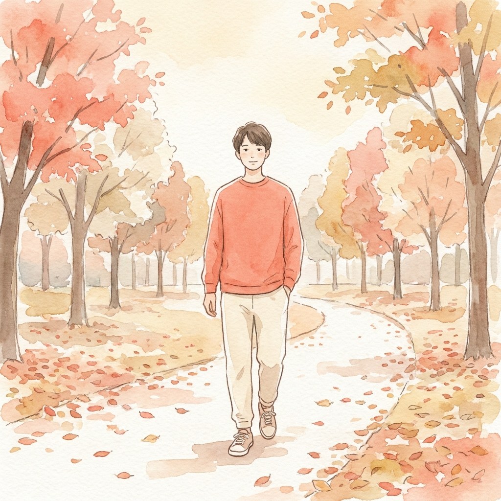 公園をゆったり歩く人の水彩イラスト