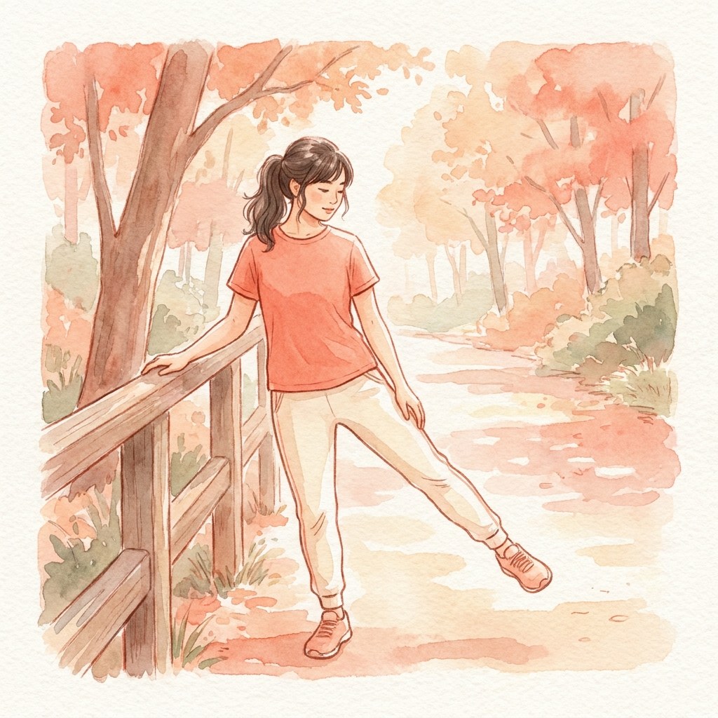 手すりにつかまり脚を振るウォーミングアップの水彩イラスト