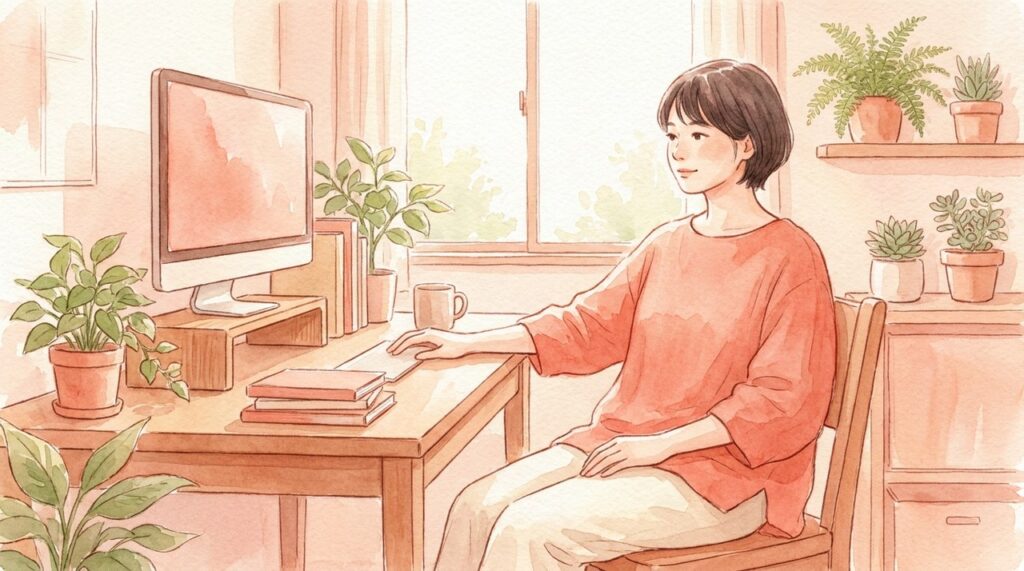整った在宅デスクで姿勢よく作業する人の水彩イラスト