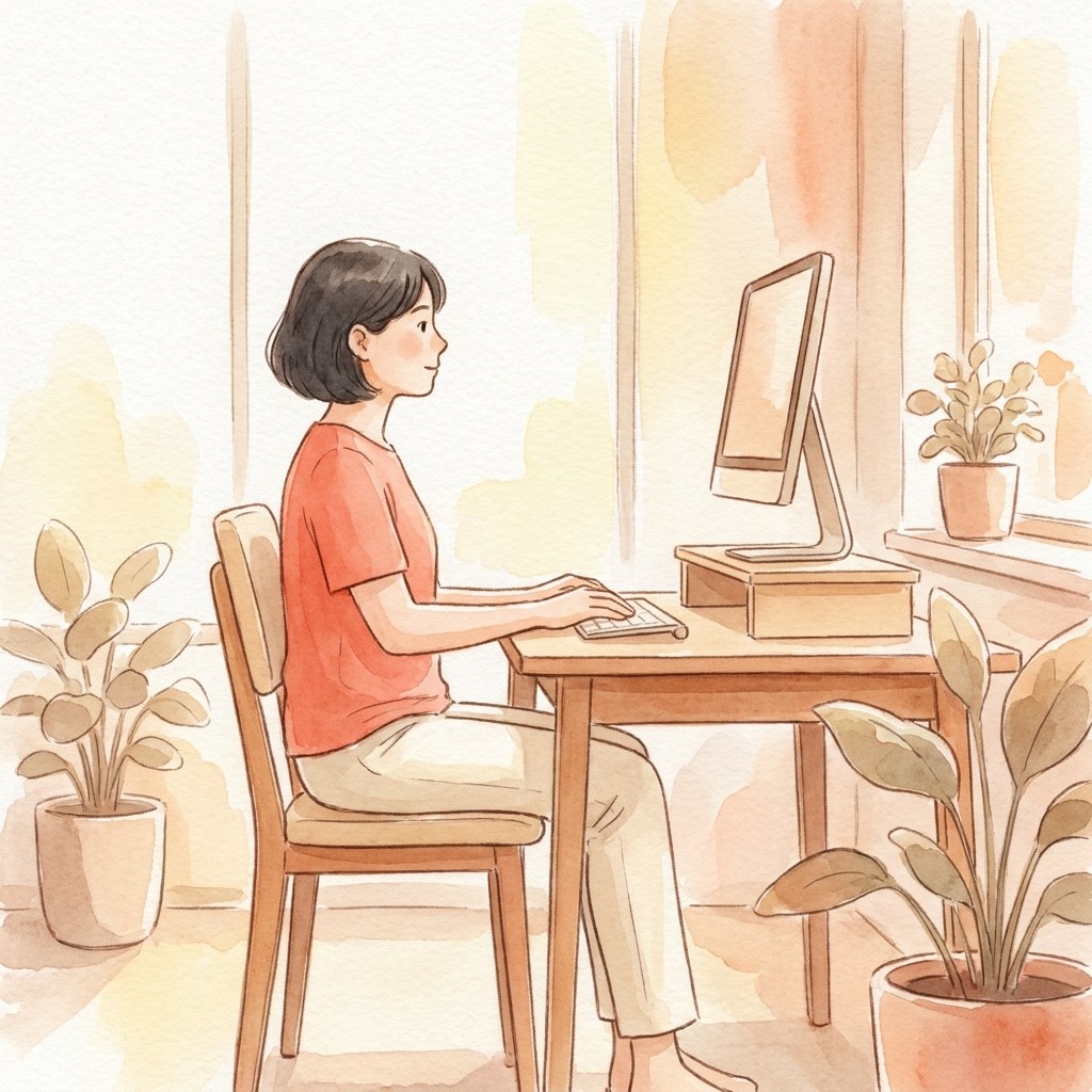 椅子・机・画面の高さが合った座り姿勢の横向き水彩イラスト