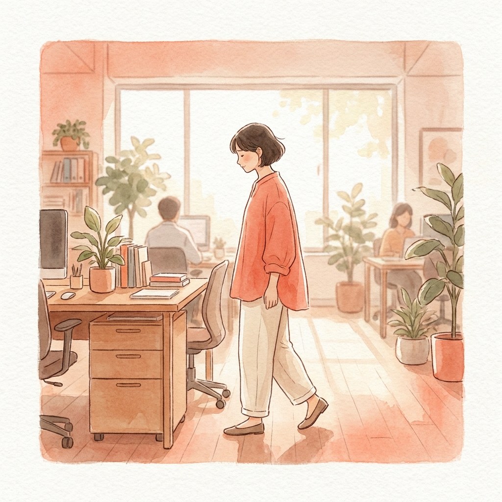 デスクから立ち上がって歩く人の水彩イラスト