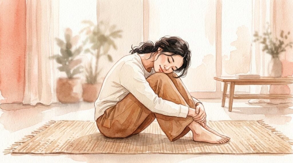 マットで両膝を抱えて腰をゆるめる人の水彩イラスト