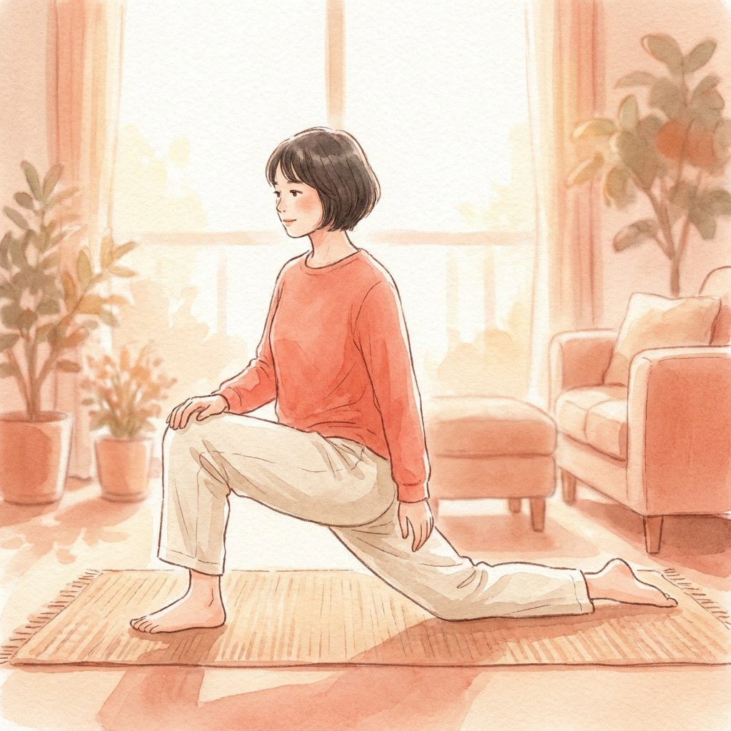 片膝立ちで股関節の前を伸ばす水彩イラスト