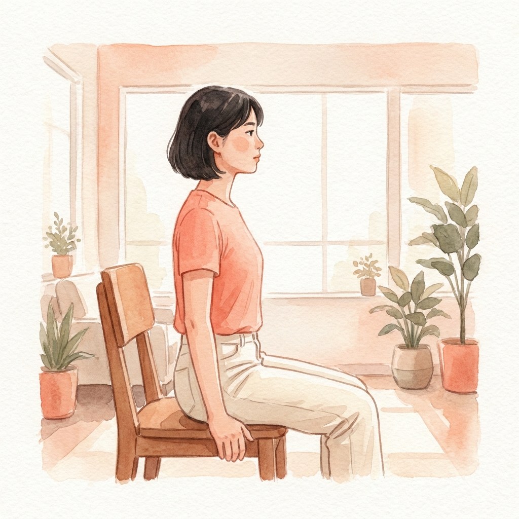 椅子の前側に骨盤を立てて座る横向き水彩イラスト