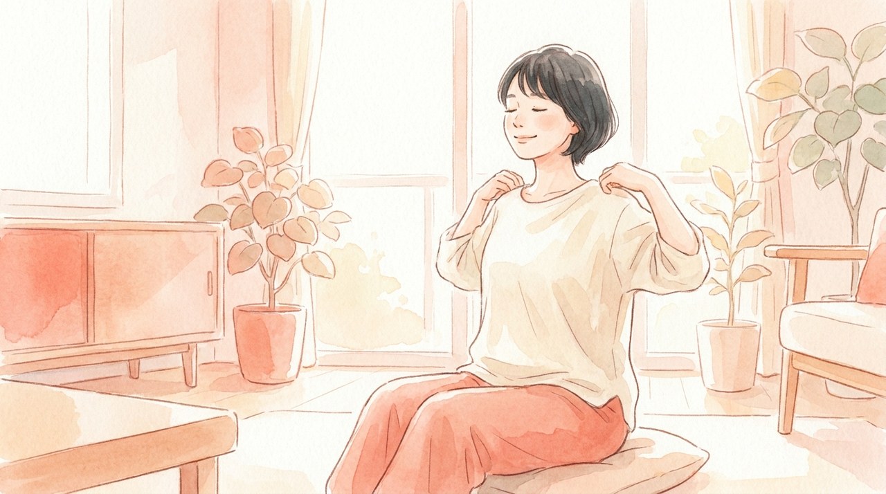 肩をゆっくり後ろに回す人の水彩イラスト