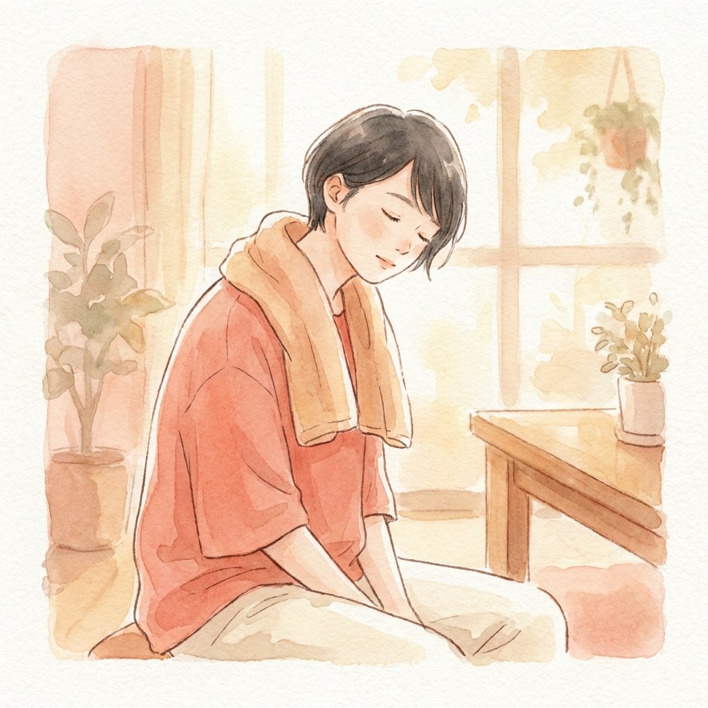 首と肩に温かいタオルを当てて休む水彩イラスト